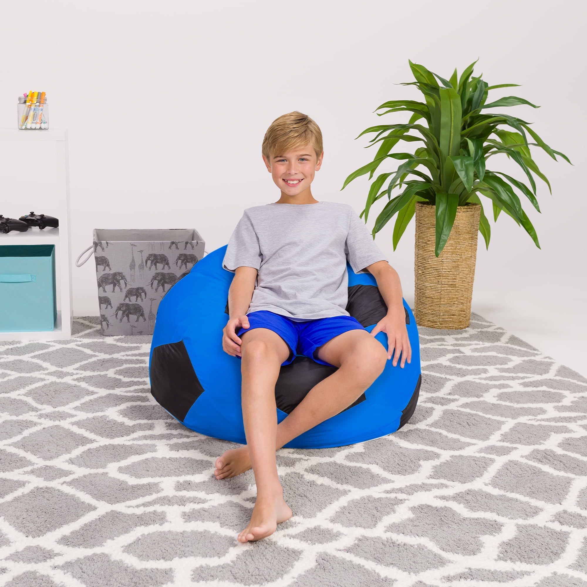 Posh Creations Bean Bag Chair, Soft Lounger, Kids, 3 ft, Blue Soccer Ball