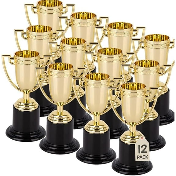 ArtCreativity Gold Plastic Trophies – Set of 12, 4” Trophy Awards for Kids – Fun Party Favors & Sports Award Prizes