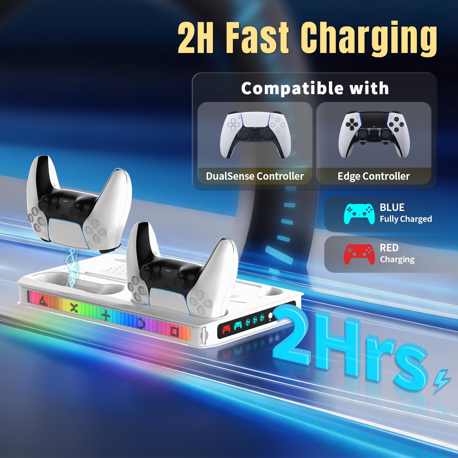 ZYTHRONE PS5/ Slim/Pro Cooling station with Fast Contoller Charger for PlayStation 5 Disc & Digital Console Stand, RGB Light, Quiet Cooling Fan, Headset Holder