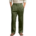 thumbnail image 2 of Domuza Mens Linen Pants Casual Trendy Straight Leg Pleated Dress Trousers Spring Summer Loose Fit Lightweight Beach Pants with Pockets Army Green L, 2 of 5