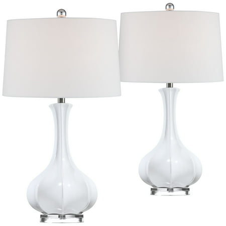 Small Coastal Living Rooms Possini Euro Design Coastal Table Lamps Set of 2 Fluted Ceramic Gourd White Drum Shade for Living Room Family Bedroom Bedside ()