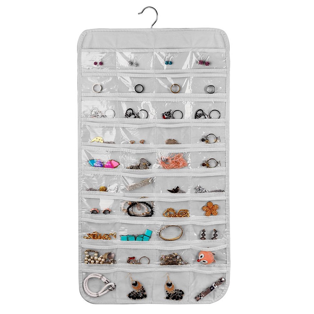 MeterMall Doublesided Hanging Storage Bag Jewelry Organizer 80 Pockets Clear PVC Pouch white