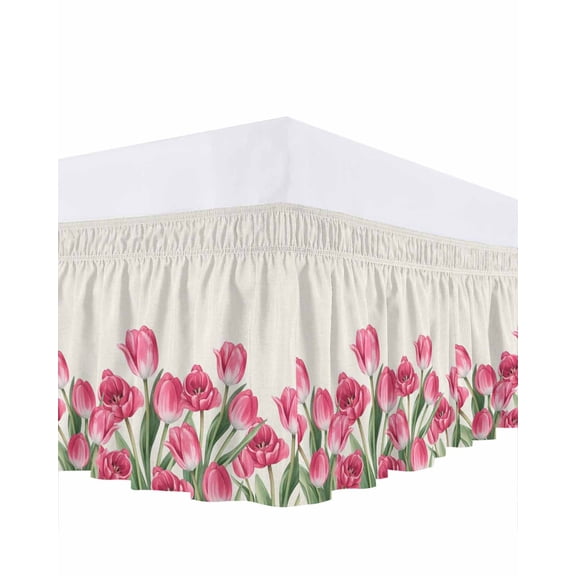 Pink Tulip Flower Bed Skirt Queen Size 18 Inch Drop, Spring Leaf Floral Plant Beige Linen Adjustable Elastic Dust Ruffles Bedskirt for Queen Bed Wrap Around Pleated Mattress Frame Cover