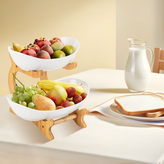 2-tier Ceramic Fruit Bowl, Double Layer Porcelain Bowl Holder Serving Bowls Fruit Tray Serving Tray with Wood Stand Bamboo Wooden Frame for Fruit Candy Wedding Banquet