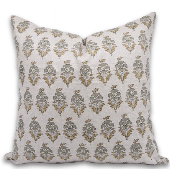 Fabdivine Block Print Throw Pillow Cover, 14x14 Inch Pure Linen Decorative Cushion Cover, Floral Print Boho Design Mustard Pillow Cover for Sofa and Couch