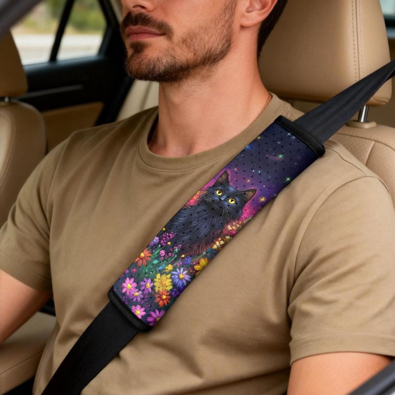 Xixirimido Car Seat Cover Set of 5 Pieces Front Seat Covers with Matching Seat Belt and Center Console Covers PU Leather Fits Most Vehicles, Black Cat Colorful Daisy
