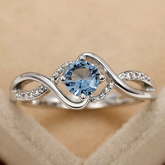 925 Sterling Silver Undulating Blue Diamond Sapphire Ring Women Aquamarine Gemstone 14k White Gold Filled Wedding Bridal Band Ring Size 6