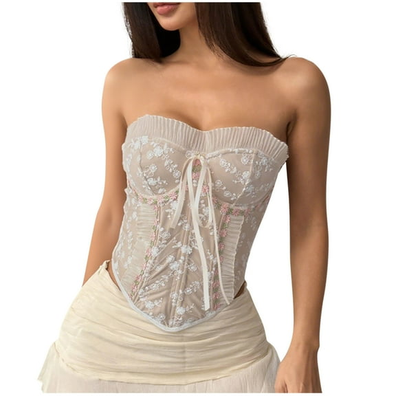 Womens Crop Corset Tops Floral Embroidered Vintage Going Out Bustier Corsets Fish Bones Ruffle Bodice Shapewear Beige, M