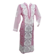 Mogul Woman's Ethnic Long Tunic Pink Floral Embroidered Georgette Kurti Dress L