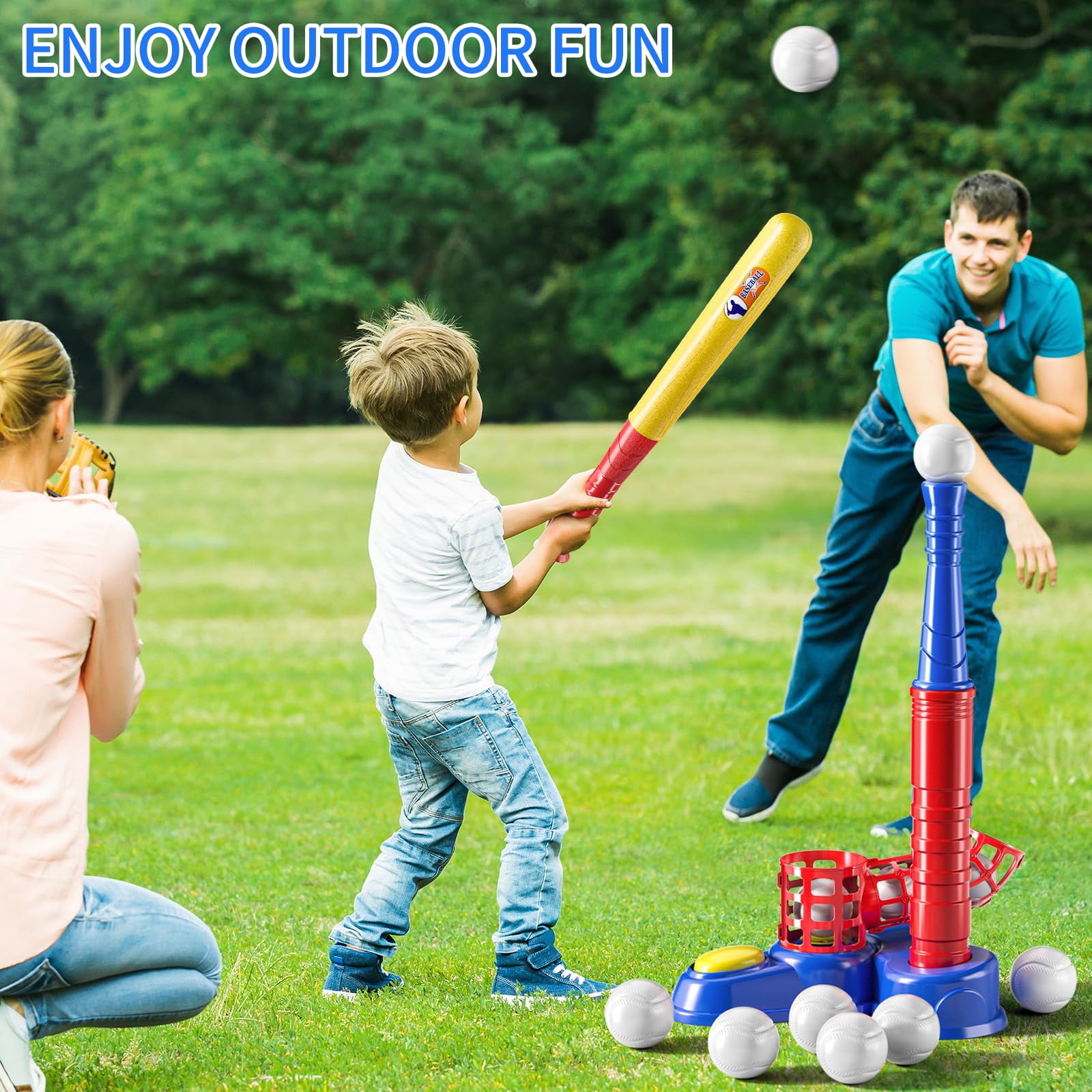 JUGAAD LIFE Tball Set Baseball Toys for Boys 3-6 Years Tee Ball Set for Kids Girls Outdoor Outside Sport Toys with 10 Balls-Blue