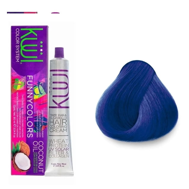 tinte profesional kuul funny colors tintes fantasía 90g azul. Caja morada y tubo plateado con logo Kuul y tipografía morada, junto a una mecha muestrario en azul intenso; tinte para cabello, presentación 90 g sobre fondo blanco.