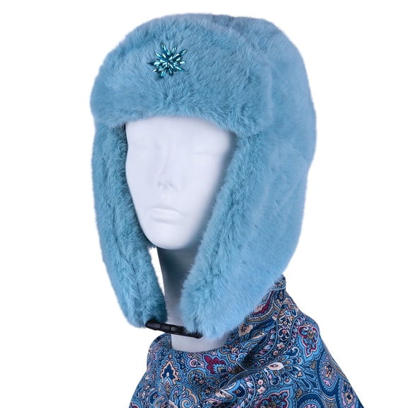 STP GOODS Turquoise Blue Faux Rabbit Fur Women's Earflap Hat with Clasp Trapper Hat for Women Ushanka Hat with Brooch Aviator Trapper Hat Winter Hat with Earflaps, One Size