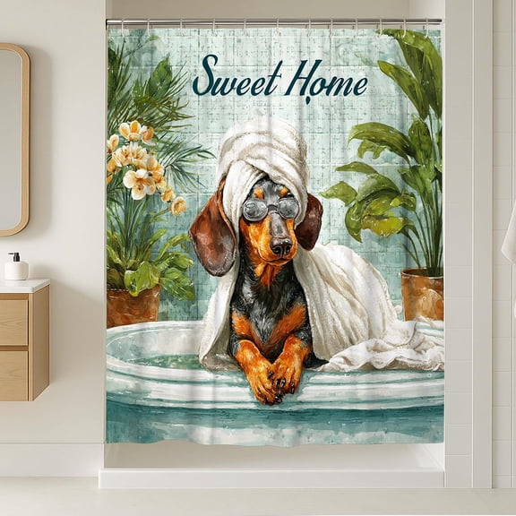 Dachshund Shower Curtain, Hand Drawn Dog Art Bath Curtain, Cute Pet Bathroom Decor, Waterproof Polyester Fabric with Hooks 36"W x 72"H