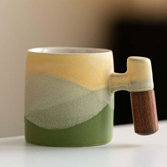 Dvkptbk Ceramics Coffee Cup Rough Pottery Mini Cute Small Tea Cup Wooden Grip Handle Coffee Cup Exquisite Fresh Small Cup and Sea Theme Gradient Wooden Handle Mug Kitchen Essentials