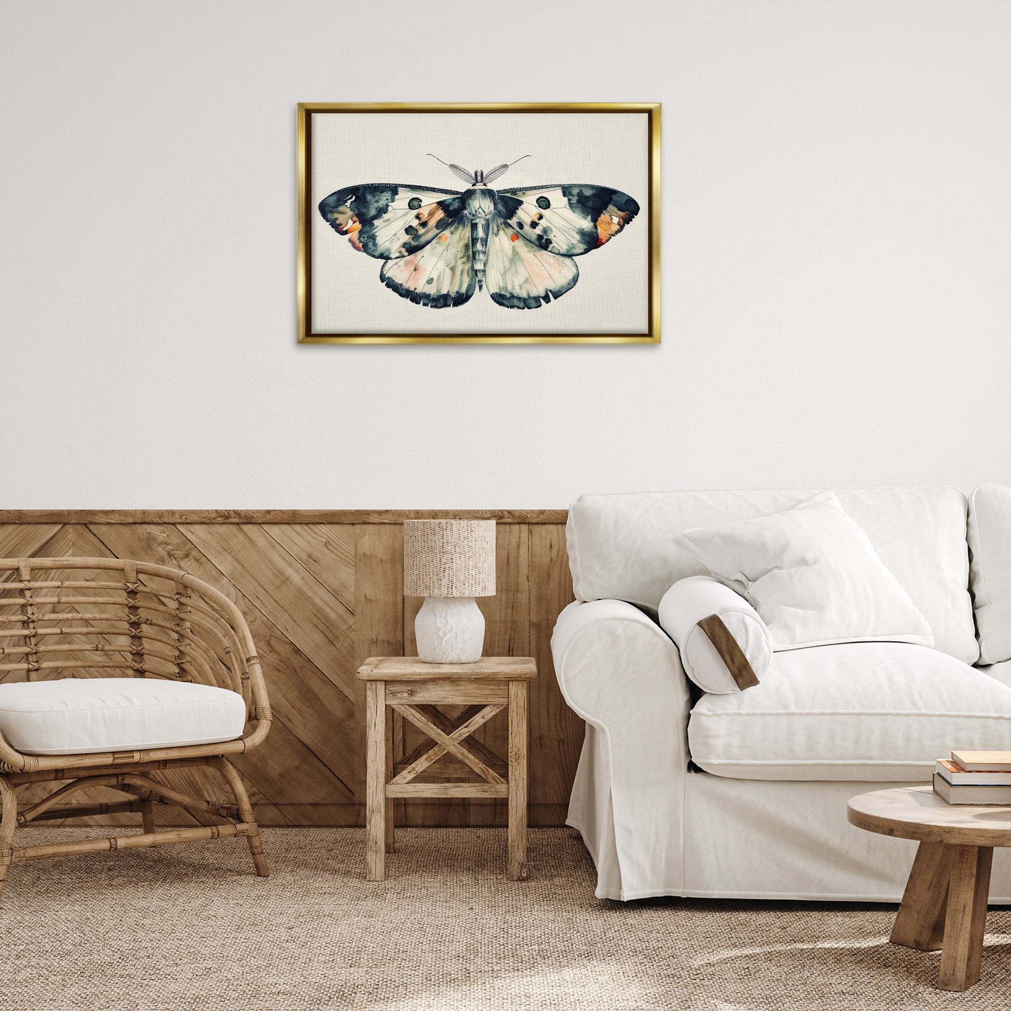 Stupell Industries Watercolor Black Trimmed Moth Animals Painting Gold Floater Framed Canvas Art Print Wall Art, 31 x 21