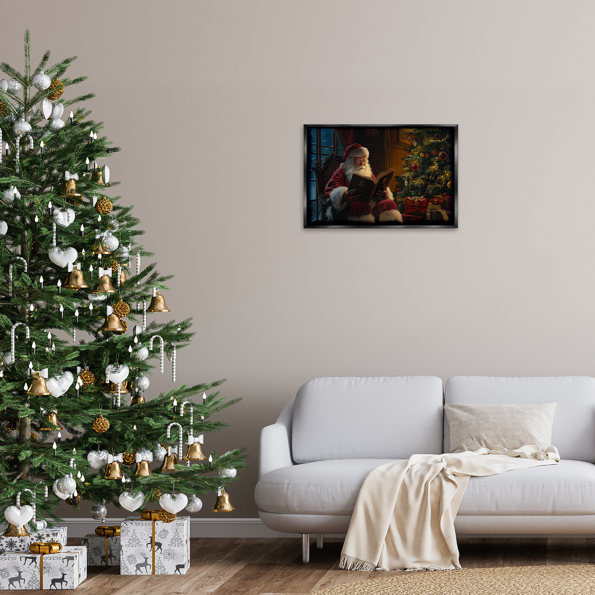 Stupell Industries Santa Reading by Tree Holiday Painting Black Floater Framed Canvas Art Prints Wall Art, 25 x 17