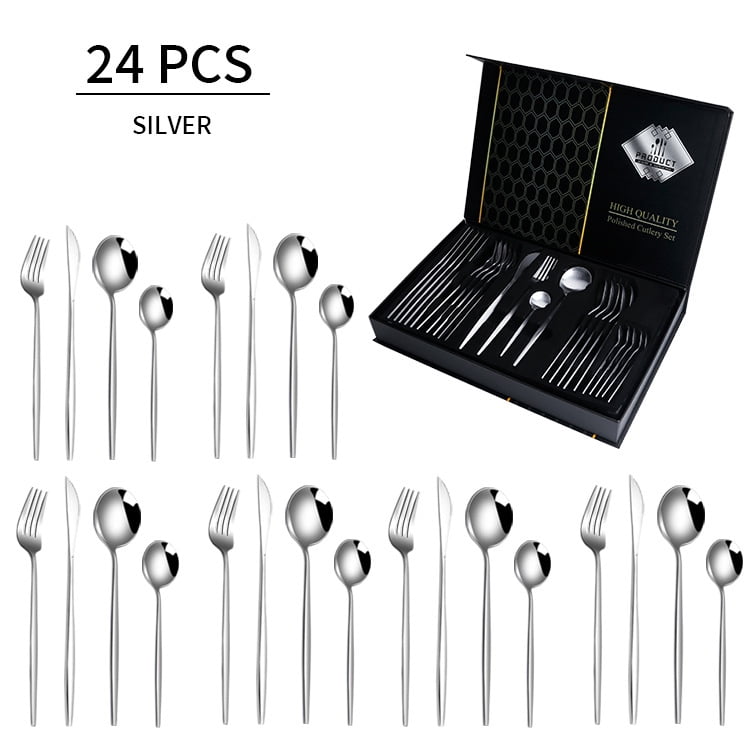 Elegant 24 Piece Stainless Steel Silverware Set for 6 Silver, Mirror Polished Flatware with