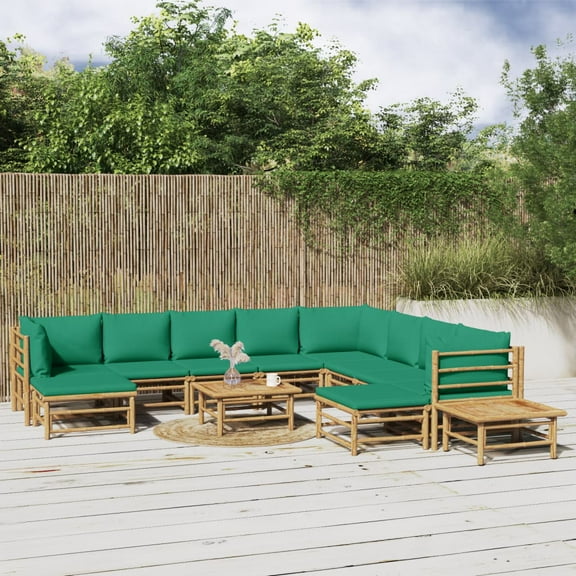 vidaXL 12 Piece Patio Lounge Set with Green Cushions Bamboo