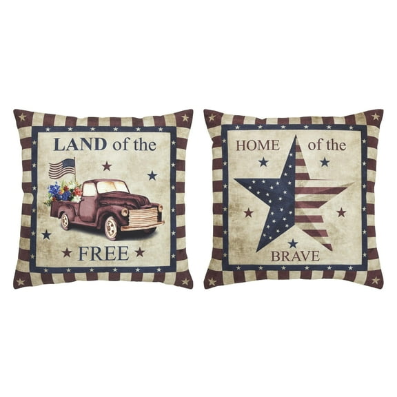 VHC Brands Free and Brave Pillow Cover Set of 2 18x18, Decorative Patriotic Throw Pillow Covers, USA Americana Decor for Independance Day, and 4th of July (Inserts not Included)