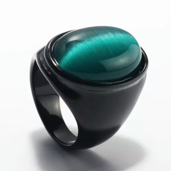 HOOUN Vintage Green Stone Tiger Eye Signet Ring Stainless Steel Men's Boy's Biker Ring-11