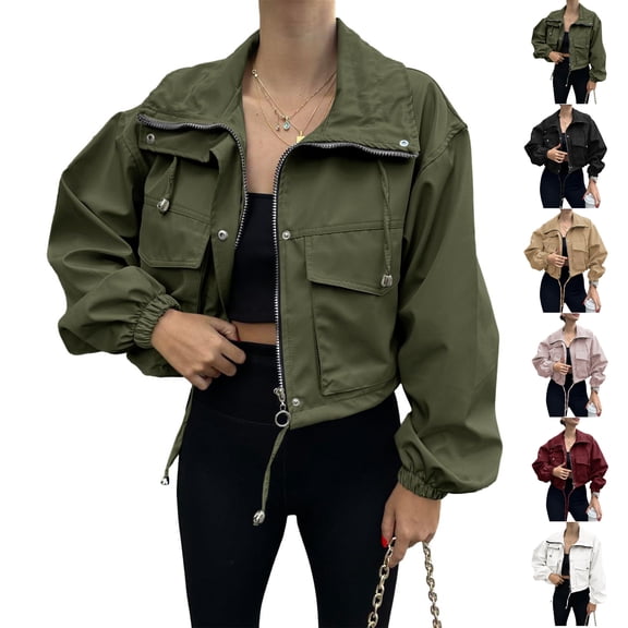 TGSLY Utility Anorak Cropped Jacket for Women Lightweight Zip Up Long Sleeve Coat Oversized Adjustable Drawstring Hem Solid Color Jacket with Pockets S