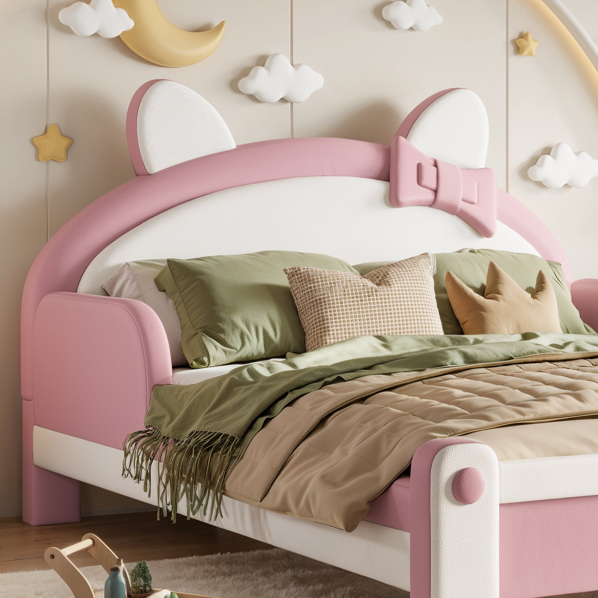 HOQBN Full Size Cute Cat Shaped Upholstered Kids Platform Bed, Princess Style Low Profile Children Bed Frame for Bedroom White & Pink