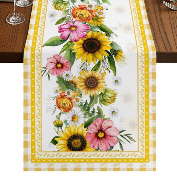 Table Runners 120 Inches Long Dress Scarves, Sunflower Farmhouse Coffee/Dining/Kitchen Table Runner for Living Room, Pink Yellow Floral Elegant Pastoral Checkered 13x120 Inch