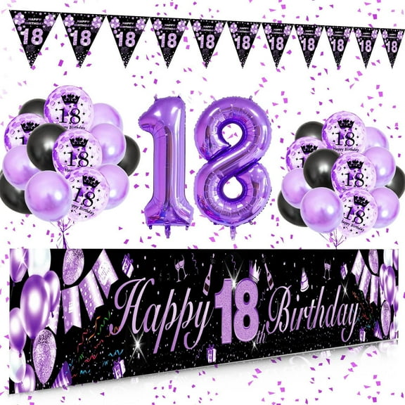YANSION 18th Birthday Decorations Unisex, 18th Birthday Party Decoration Kit with Black Purple Happy 18th Birthday Banner, Purple Black Confetti Balloons Number 18 Balloon Triangle Flag Banner