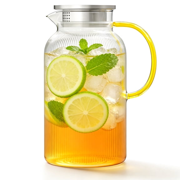 TINANA 68 oz Glass Pitcher with Lid, 2L Borosilicate Water Carafe, Stainless Steel Filter Lid, Iced Tea Lemonade Juice Milk Beverage Jug