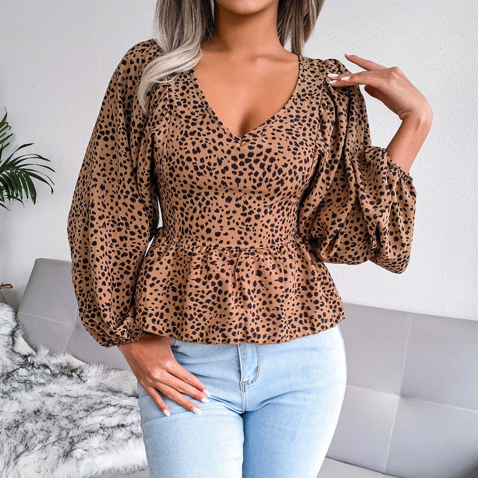 USSUMA Women Tops Dressy Casual Long Sleeve, Womens Peplum Tops V Neck  Loose Fit Long Sleeve Leopard Printed Tshirt Cute Dressy Pleated Tunic  Blouse 