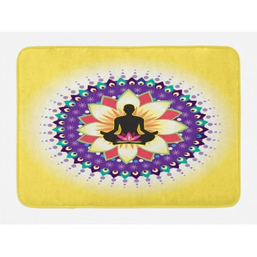 Yoga Bath Mat, Round Circle Icon for Yoga Lotus Sitting Posture Peaceful Mind Workout Print, Non-Slip Plush Mat Bathroom Kitchen Laundry Room Decor, 29.5 X 17.5 Inches, Yellow Purple Black, Ambesonne