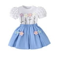 thumbnail image 2 of Placlothes Girls Blue Floral Short Sleeve Shirt Tops and Skirt Outfits Two Piece Sets for Little Kids Size 2-3T Summer Fall Birthday Cotton, 2 of 9