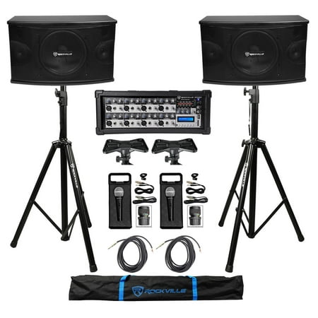 2) Rockville KPS10 10 3-Way 1200w Karaoke Speakers+Mixer+Tripod Stands+(2) Mics