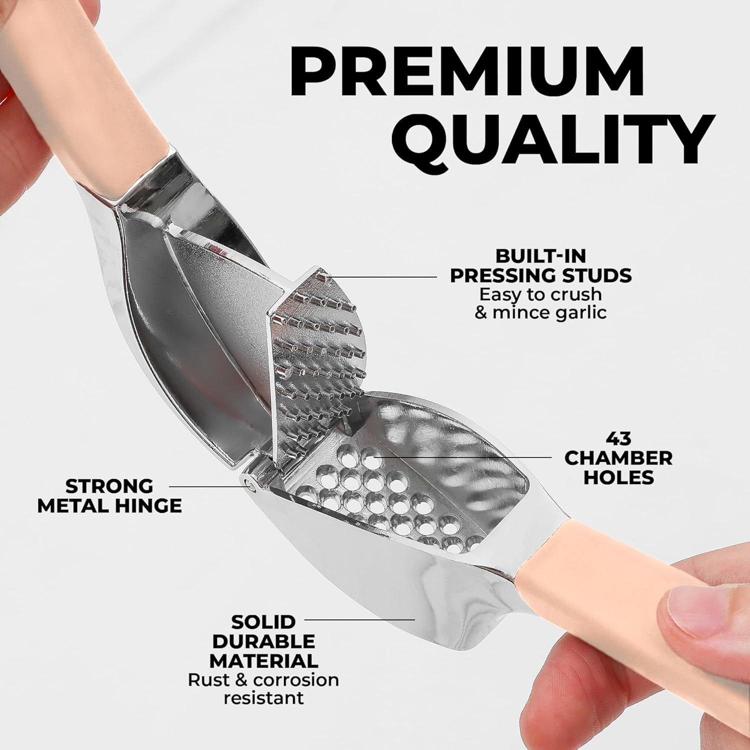 Comfort Grip Garlic Press - Mincer Tool Crusher Rust Proof, with Soft Ergonomic Handle, Easy Clean Set Peeler and Brush Light Pink