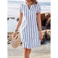 thumbnail image 6 of Women'S Casual Short Sleeve Striped Shirt Dress Notched V-Neck Midi Long Beach Dress Light Blue S, 6 of 8