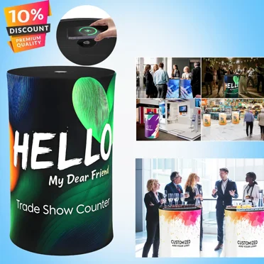 RXFSP 360° LED Backlit Trade Show Counter | 15W Wireless Charging, 30kg Load, Portable Hydraulic Pop-Up Desk | Custom Branding for Retail & Events