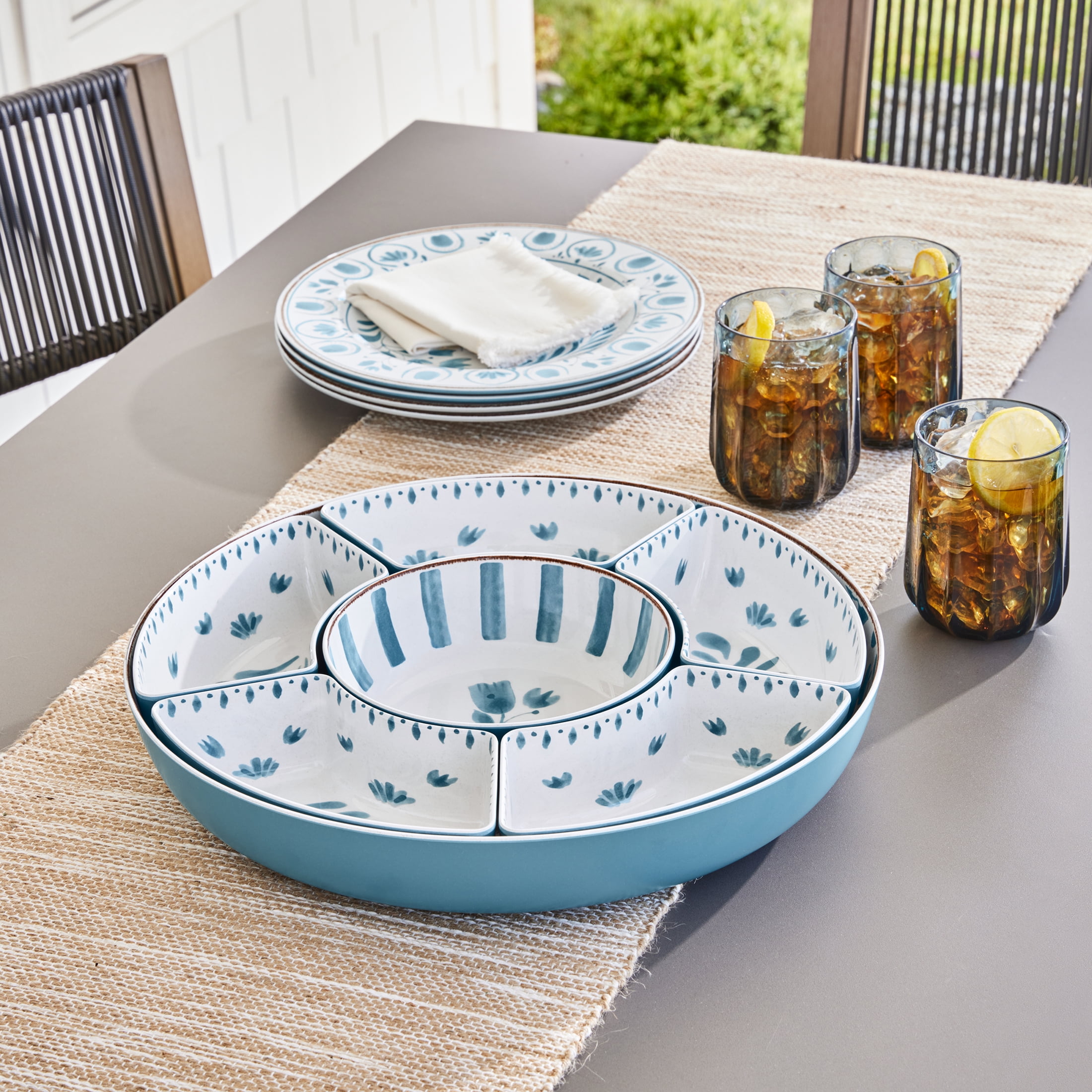 Better Homes & Gardens Bamboo Melamine Chip and Dip Tray, Blue