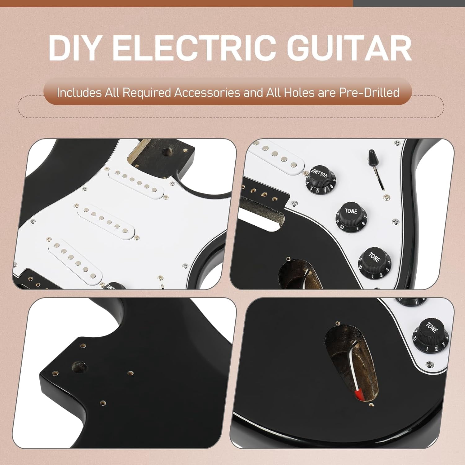DIY Guitar Kit with Solid Body, Tech Fingerboard and Maple Neck, 6 String DIY Electric Guitar Kit with Unique Design, Easy Installation & Full Equipment to Build Your Own Guitar (Flame-White)