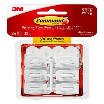 Command Mini Wall Hooks, White, Damage Free Decorating, 24 Hooks and 28 Command Strips