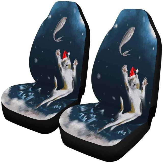 ABPHQTO Juego de 2 fundas para asientos de coche Cat Wear Red Christmas Hat Universal Auto Asientos delanteros Protector para coche, SUV Sedan, Camión