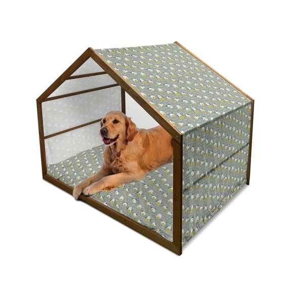 Cartoon Pet House, Doodle Style House Pet Portraits with Spirals Background, Outdoor & Indoor Portable Dog Kennel with Pillow and Cover, 5 Sizes, Sage Green Blue, by Ambesonne