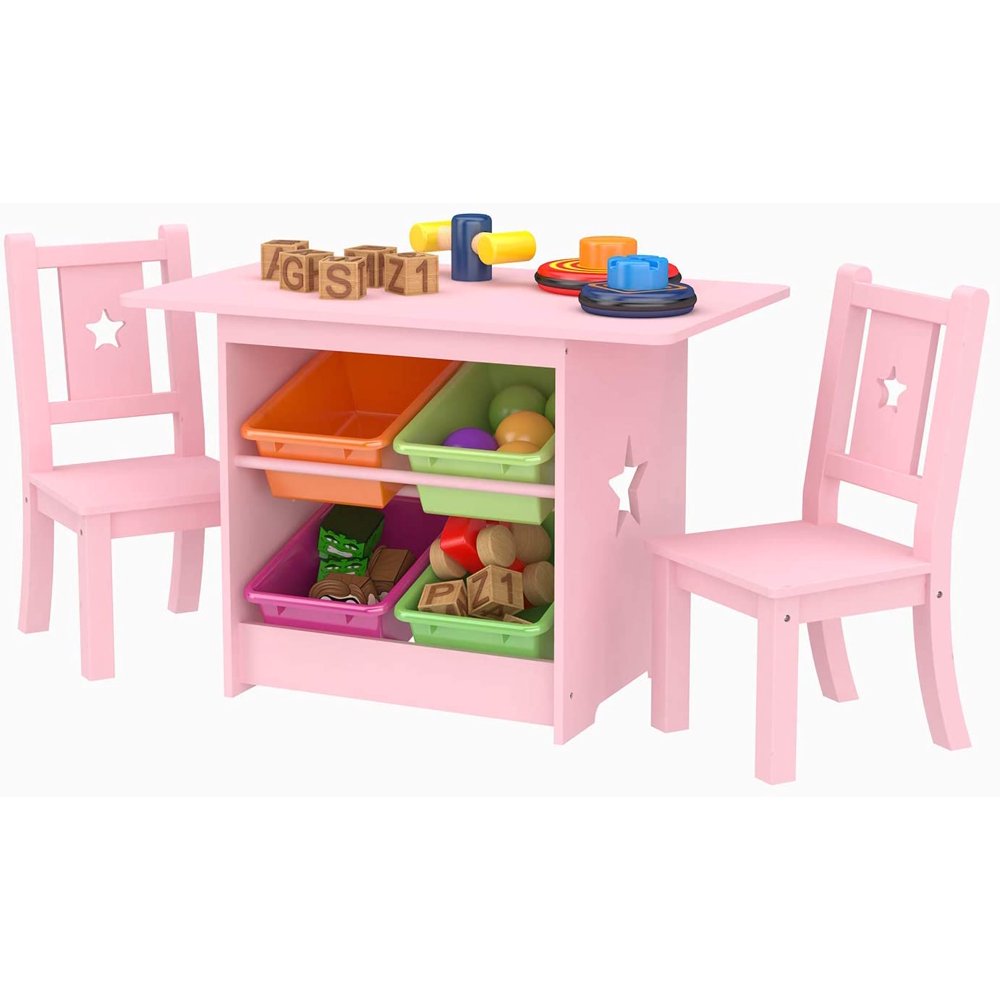 Mecor Kids Table and Chair Set, Table With 4 Storage Boxes, Star Design Childern Desk w/ 2