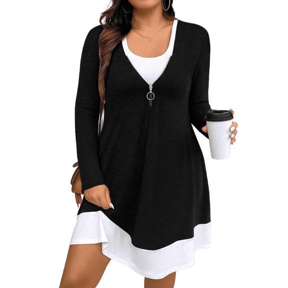 Cuteduck Plus Size Women’s Long Sleeve V-Neck Zipper Dress Autumn/Winter 1X-5X