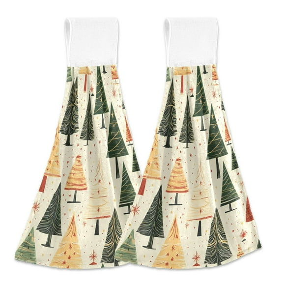2 Pcs Kitchen Hand Towels with Hanging Loops Absorbent Soft Fast Drying Decor Bath Towels Vintage Christmas Trees