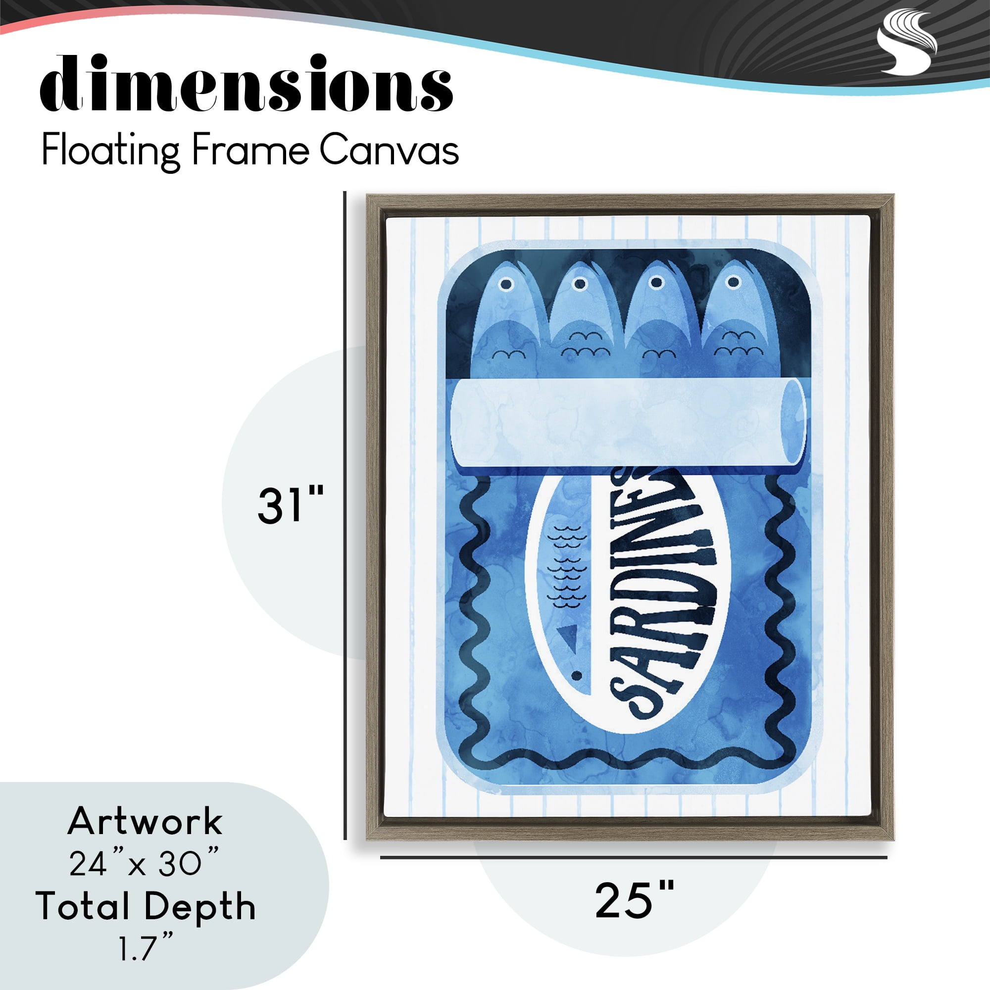 Blue Sardine Tin Over Stripes Brown Framed Floater Canvas Wall Art, design by Daphne Polselli