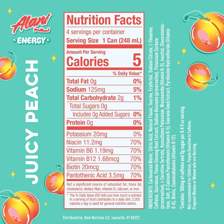Alani Nu Sugar Free Energy Drink Mini, Juicy Peach, 8.4 fl oz, 4