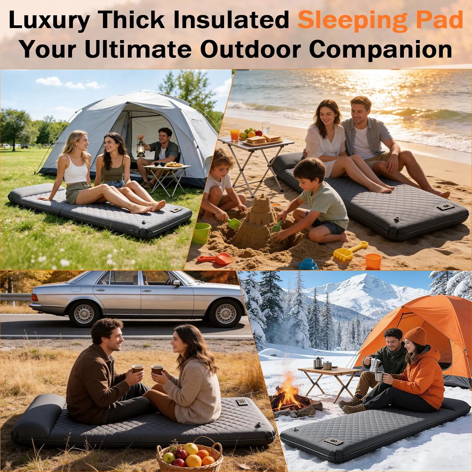 Inflating Sleeping Pad with Electric Pump, 3.15 Inch Ultra-Thick Memory Foam Camping Mattress with Built-In Pillow, 4  Sleeping Bag for Outdoor Travel Tent Car