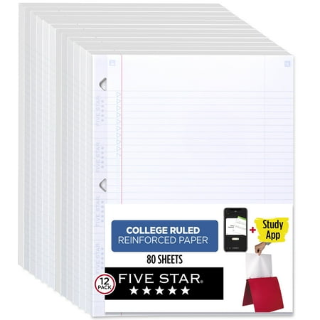 Five Star Reinforced Filler Paper + Study App, College Ruled, 8.5" x 11", 80 Sheets