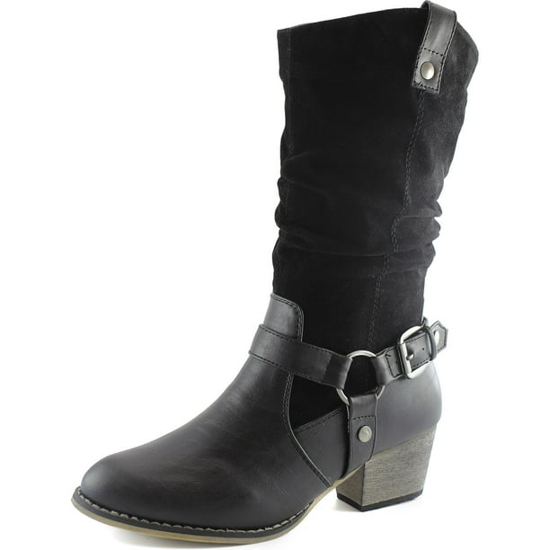 mid calf low heel black boots