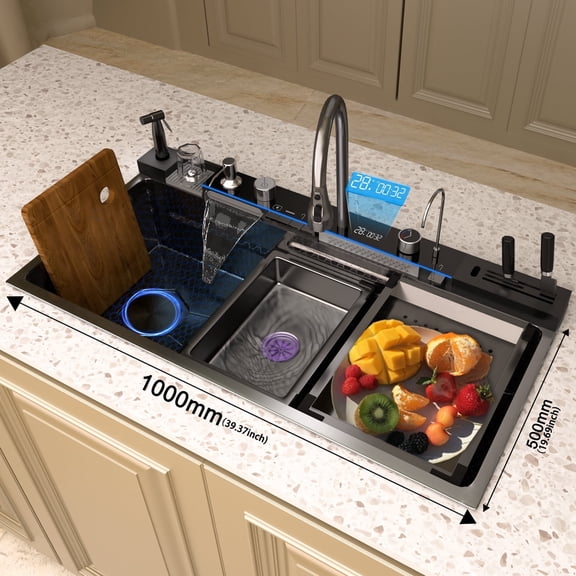 40″×20″ Stainless Steel Kitchen Sink Single Bowl Left-side Drainage Integrated Digital Display Waterfall Faucet Multifunction Sink Dishwashing Basin